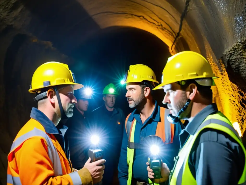 Un equipo de mineros utilizando los mejores walkie talkies para minería, comunicándose en un túnel oscuro y desafiante bajo tierra