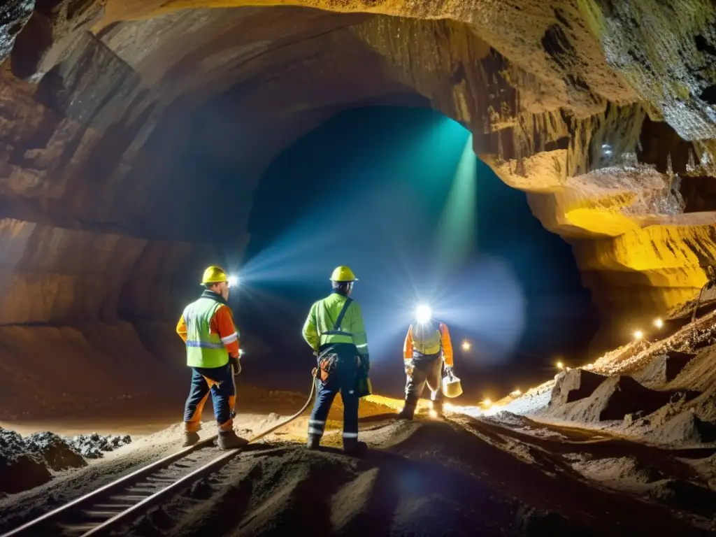 Un equipo de mineros trabajando en una mina subterránea moderna y bien iluminada, utilizando maquinaria avanzada y siguiendo estrictos protocolos de seguridad