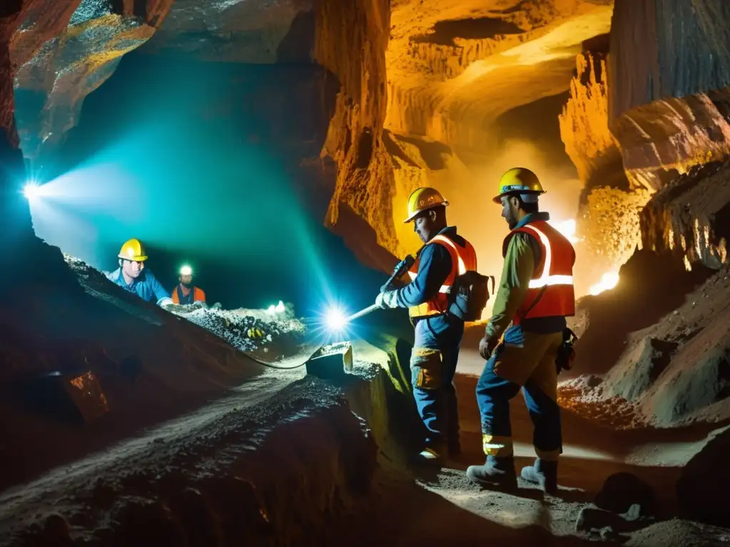 Equipo de mineros en mina subterránea, extrayendo minerales exóticos con maquinaria avanzada