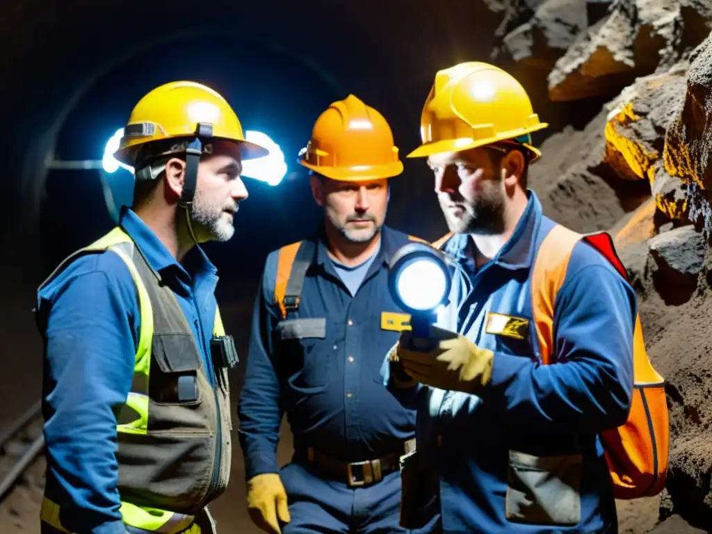 Un equipo de mineros trabajando en una mina subterránea, comunicándose con walkie talkies