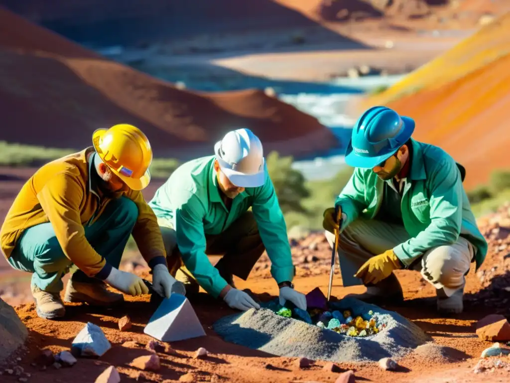 Equipo de geólogos y mineros extraen minerales exóticos en paisaje remoto y desafiante