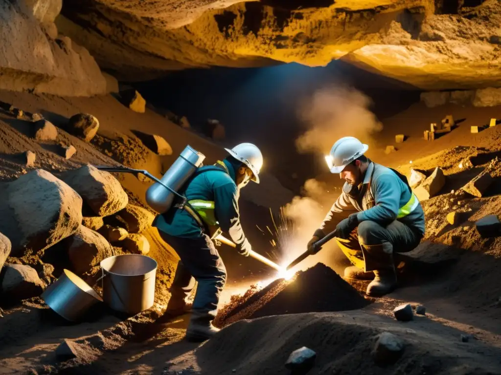 Un equipo de mineros extrayendo minerales y gemas en una mina subterránea, mostrando la historia de la extracción de aleaciones minerales y gemas