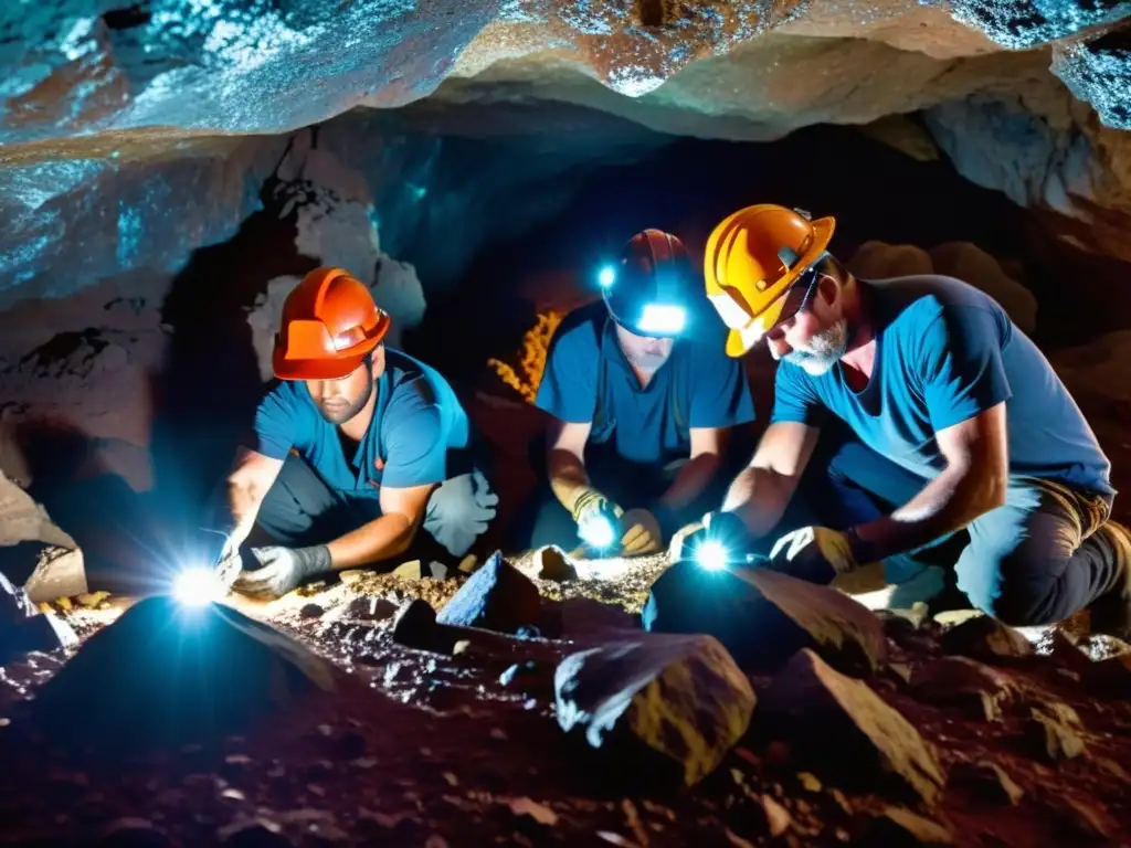 Un equipo de mineros extrae minerales sagrados de una cueva subterránea, iluminados por sus lámparas