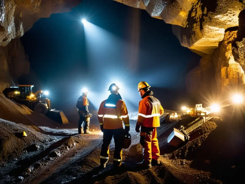 Equipo de mineros con técnicas avanzadas en minería filmadas, operando maquinaria en la oscuridad de la mina con iluminación brillante en sus cascos