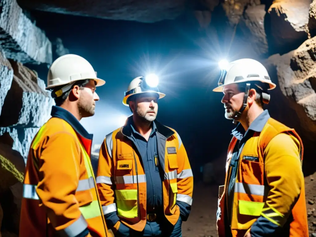 Equipo de mineros coordinando su trabajo en una mina subterránea, usando los mejores walkie talkies para minería