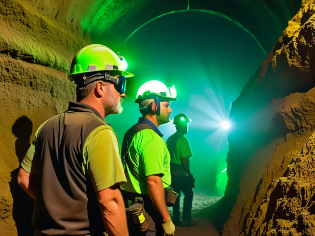 Un equipo de mineros con visores nocturnos para minería explora con determinación un túnel subterráneo, iluminando la oscuridad con una intensa luz verde