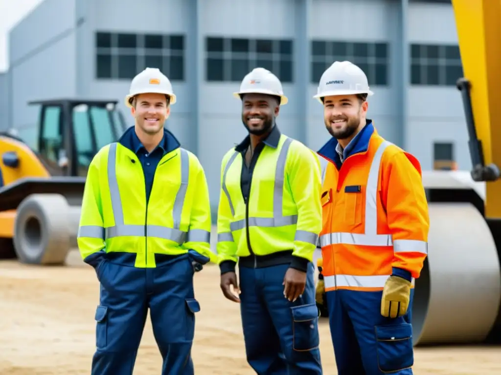 Un equipo de trabajadores con monos de trabajo seguros y cómodos, realizando tareas en un sitio de construcción con maquinaria de fondo