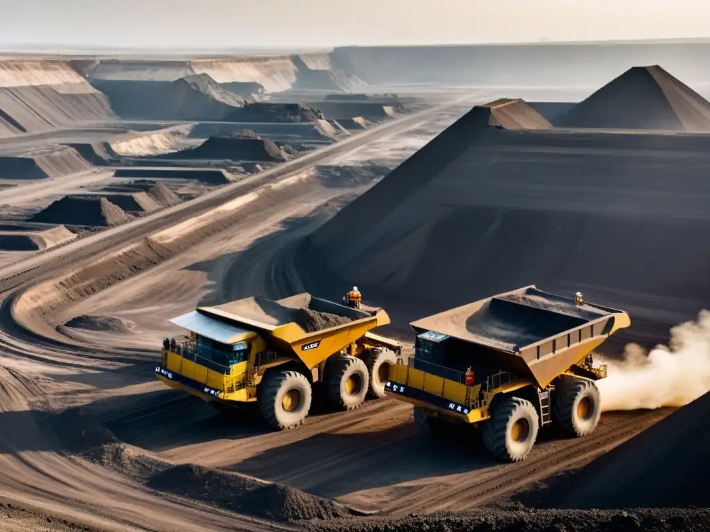 Equipos gigantes de minería cielo abierto en acción, creando un paisaje industrial imponente y colosal