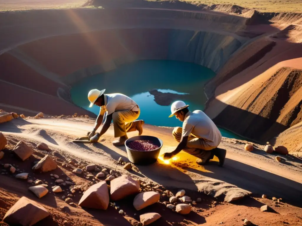 Escena detallada de extracción de gemas raras en un entorno remoto al atardecer, destacando la labor humana y la belleza natural