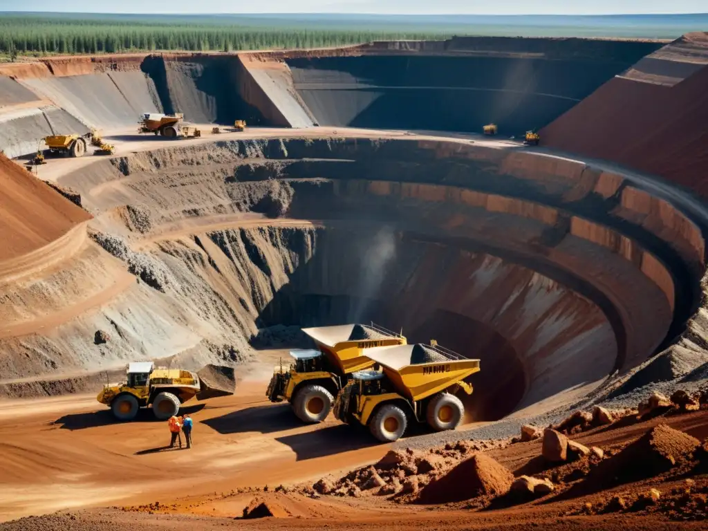 Escena intensa de extracción mineral en una mina remota, destacando el proceso laborioso y la dureza del ambiente