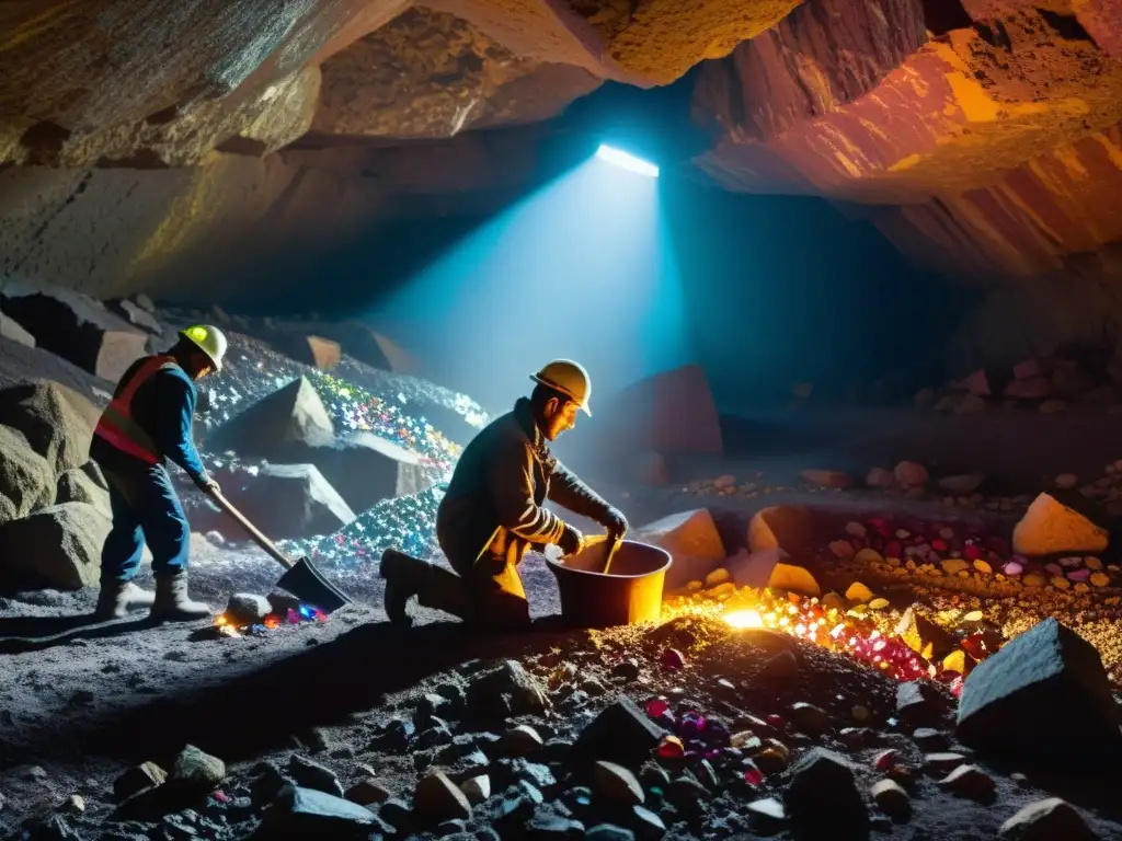 Escena realista de mineros extrayendo gemas en mina, iluminados por lámparas de trabajo