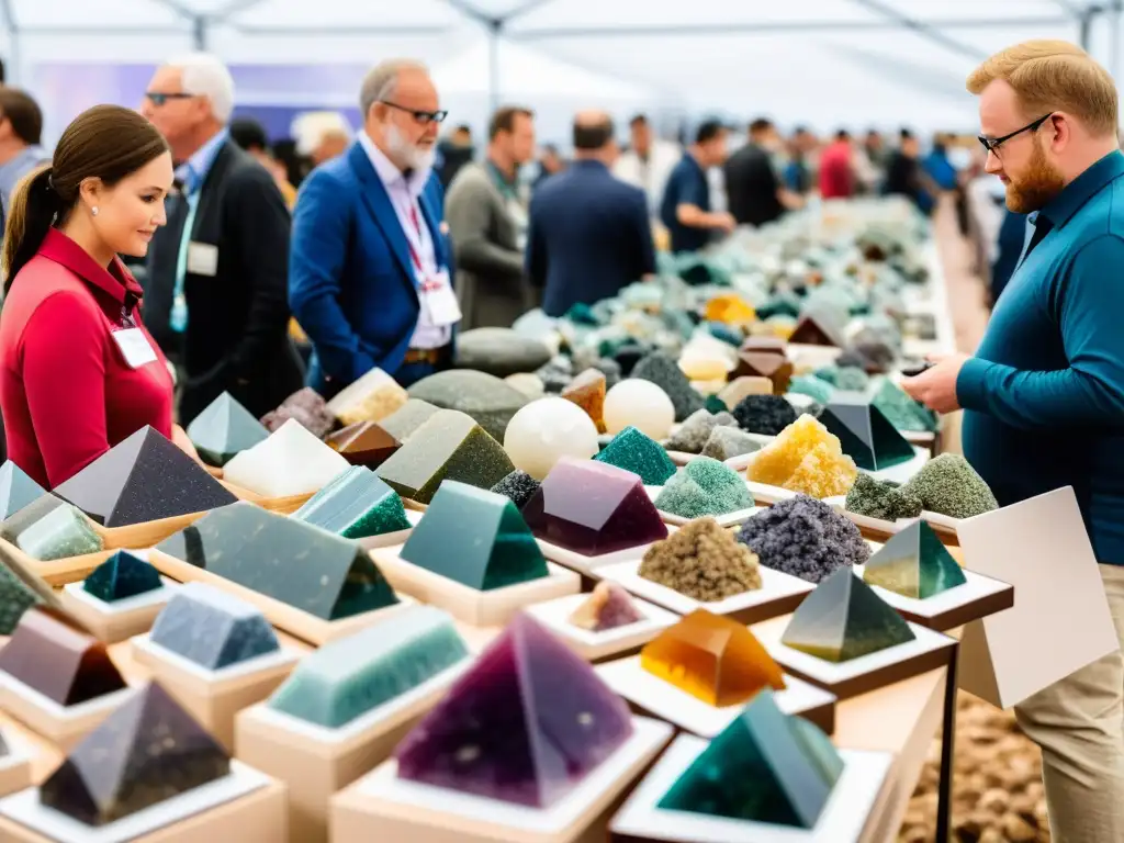 Una escena vibrante de una feria de minerales, con coleccionistas inmersos en el aprendizaje y la admiración de los especímenes