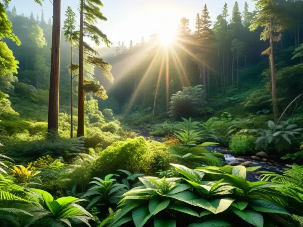 Un escenario de selva exuberante y vibrante, con luz solar filtrándose a través del dosel, mostrando la increíble regeneración y sostenibilidad de un sitio minero rehabilitado