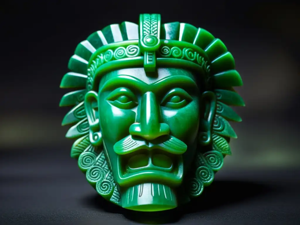 Esculpura de jade del dios maya Kukulkán, con detalles intrincados y vibrante color verde sobre fondo oscuro