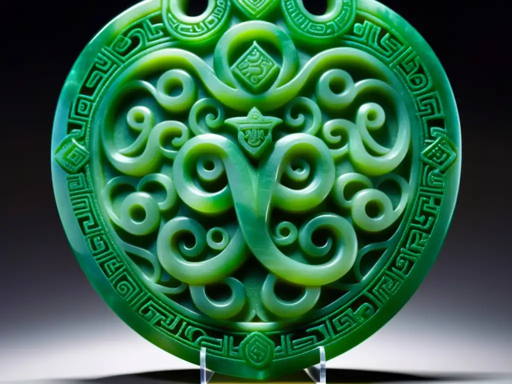 Escultura de jade con motivos simbólicos de serpientes y dragones, reflejando los significados espirituales en la civilización maya y china