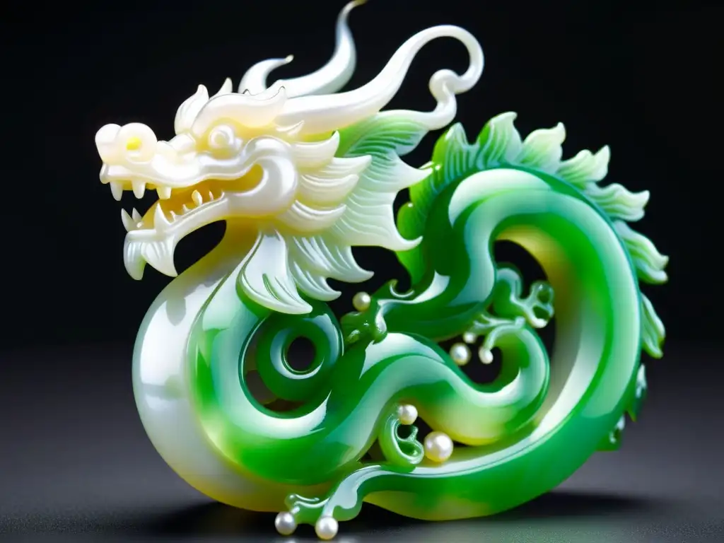 Escultura de jade con dragón y perlas blancas, simbolizando sabiduría y pureza en la cultura china