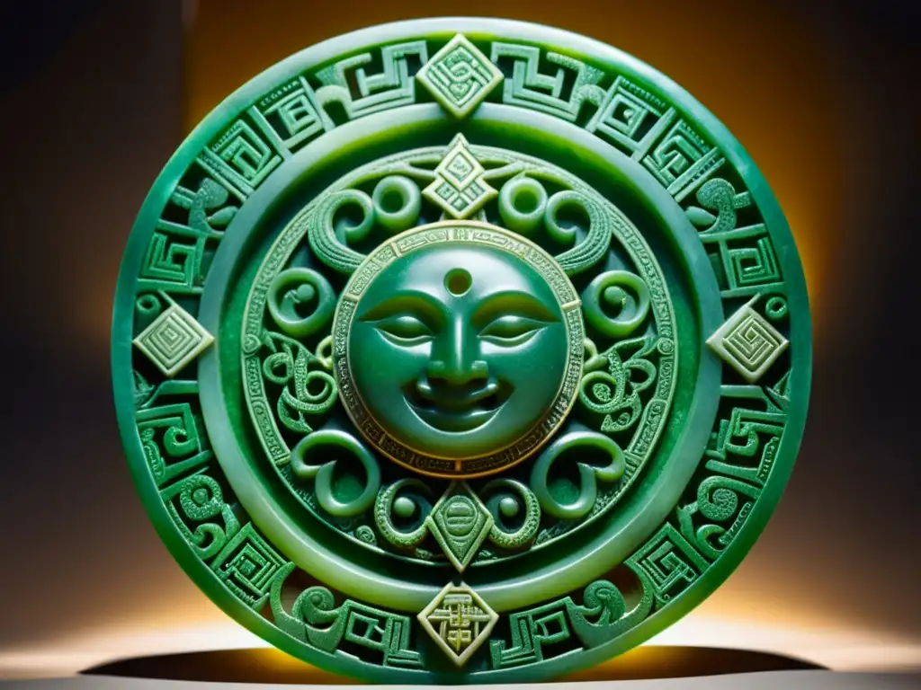 Escultura en jade con símbolos mayas y chinos entrelazados, iluminada por luz dorada