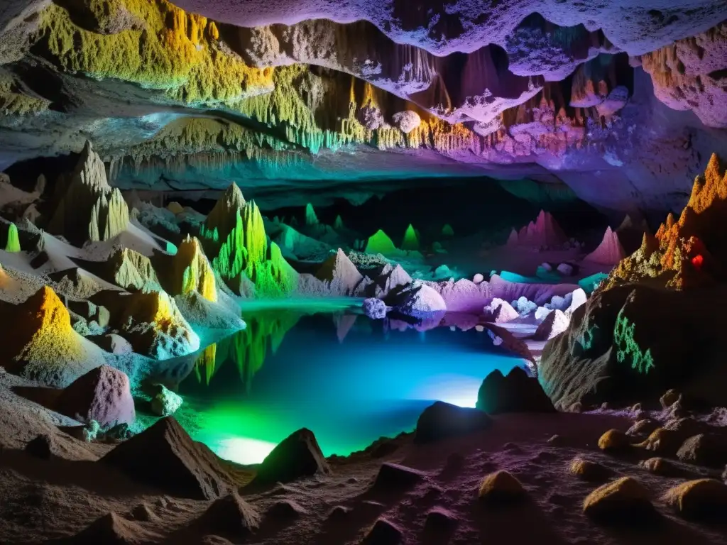 Espectacular cueva con minerales con fluorescencia luminiscente, iluminando el ambiente subterráneo en una escena cautivadora y misteriosa