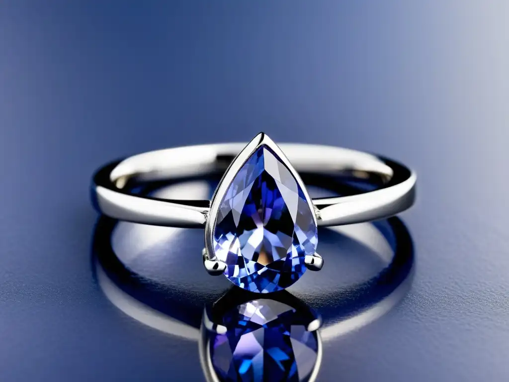 Tanzanita en Anillo de Oro Blanco: Elegancia y Sofisticación Un espectacular tanzanita en forma de pera en un anillo de oro blanco minimalista