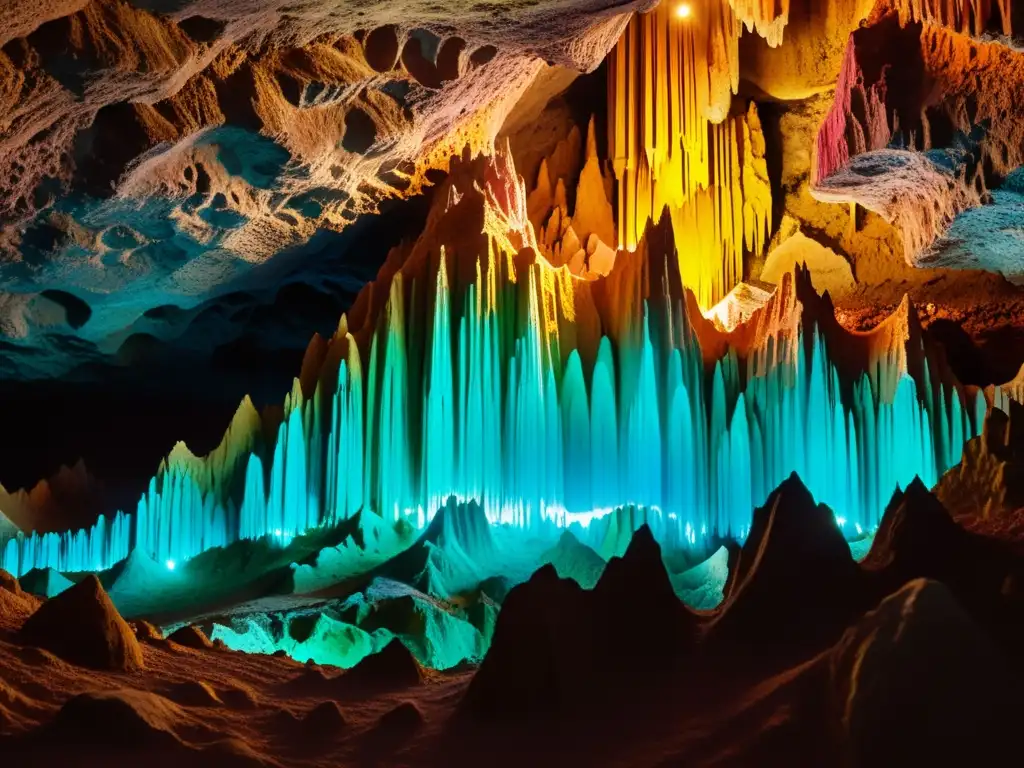 Espectaculares formaciones minerales en una cueva, mostrando el impacto de ciclos geoquímicos en su creación