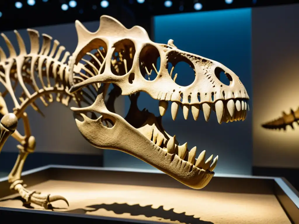 Esqueleto de dinosaurio perfectamente conservado en exposición de fósiles, con visitantes asombrados y elementos educativos