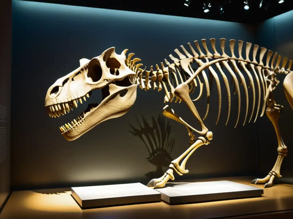 Esqueleto de dinosaurio fosilizado en exposición, con detalles impresionantes de la historia de la Tierra