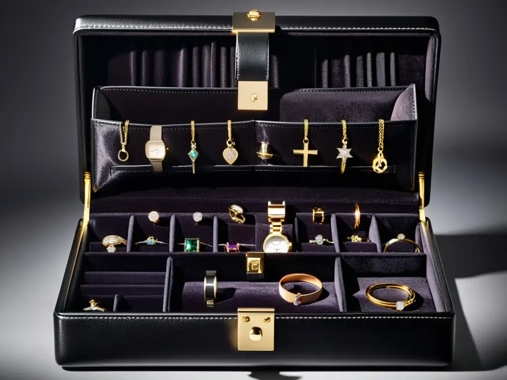 Estuche de viaje para joyas negro con compartimentos organizados y joyas brillantes en una superficie de terciopelo