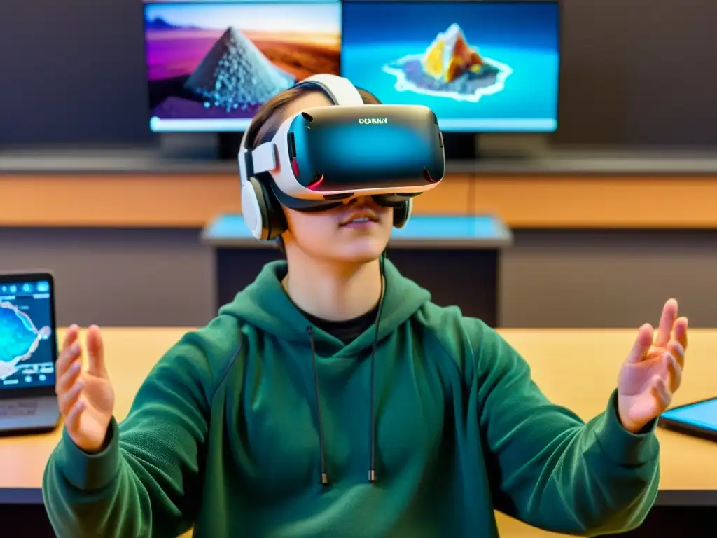 Estudiante interactuando con aplicaciones interactivas para educación mineral en realidad virtual en aula moderna