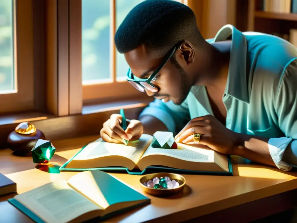 Estudiante examinando gemas con lupa bajo luz natural, rodeado de libros y gemas