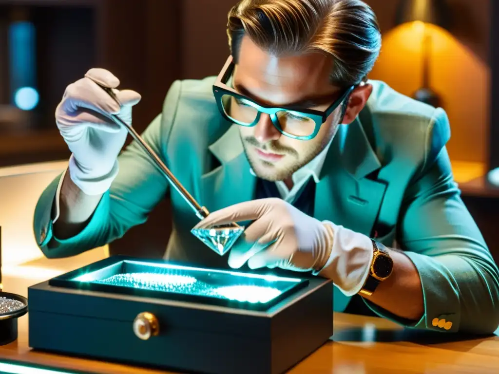 Estudiante de gemología examinando un diamante con lupa en un entorno profesional iluminado