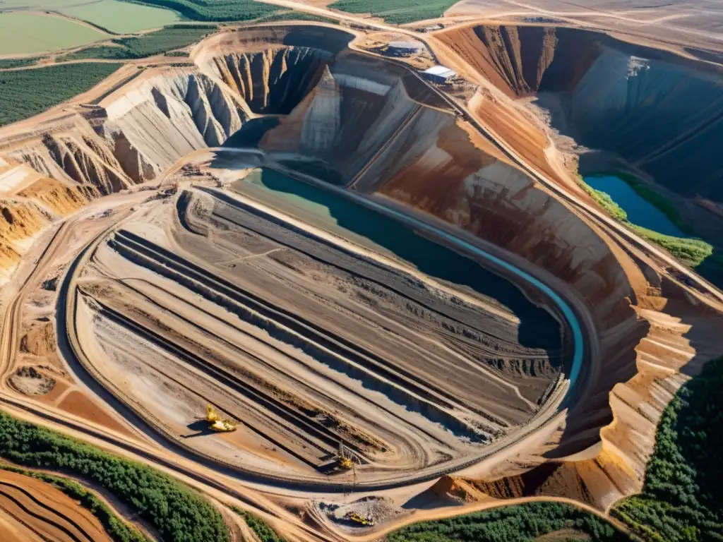 Inversión ética en minerales y gemas: Imponente mina a cielo abierto, maquinaria pesada y camiones en un vasto paisaje industrial