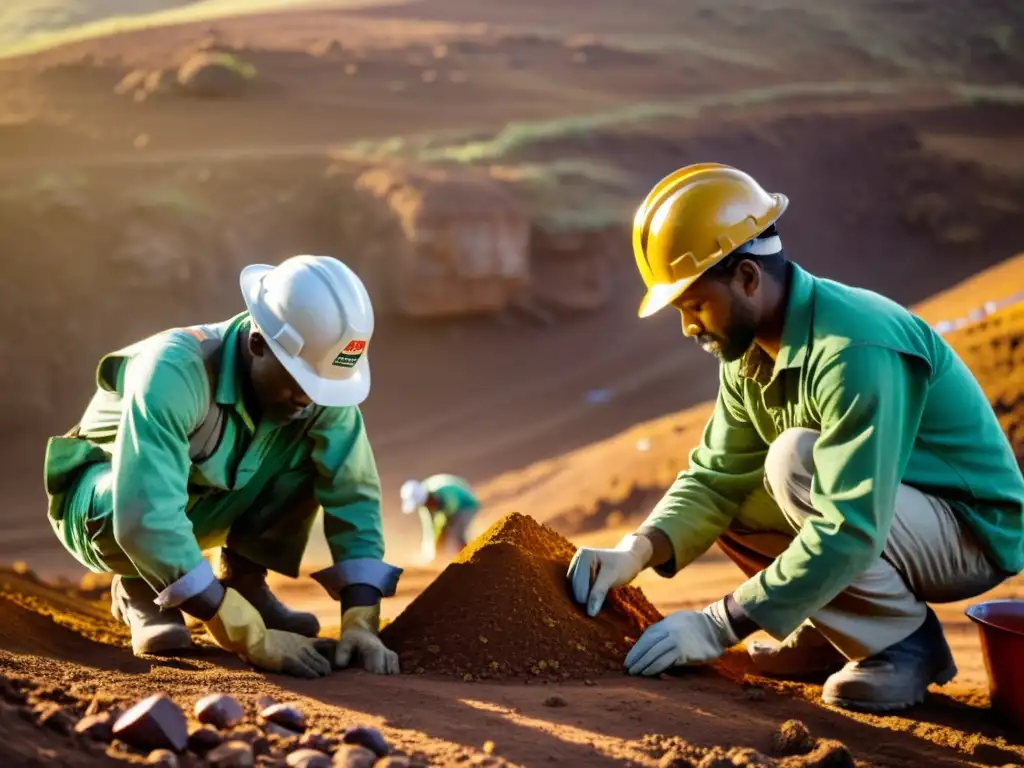 Inversión ética en minerales y gemas: Trabajadores extraen minerales y gemas en una mina sostenible, con equipo ecoamigable