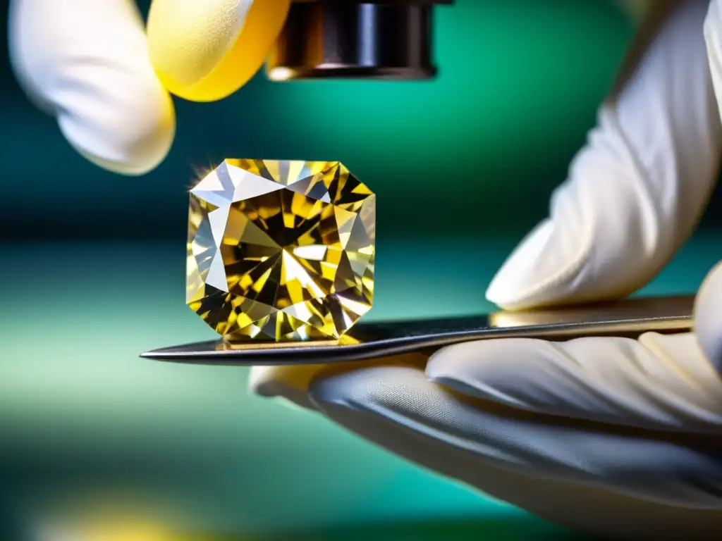 Examen detallado de diamante amarillo bajo microscopio, guía para comprar diamantes amarillos