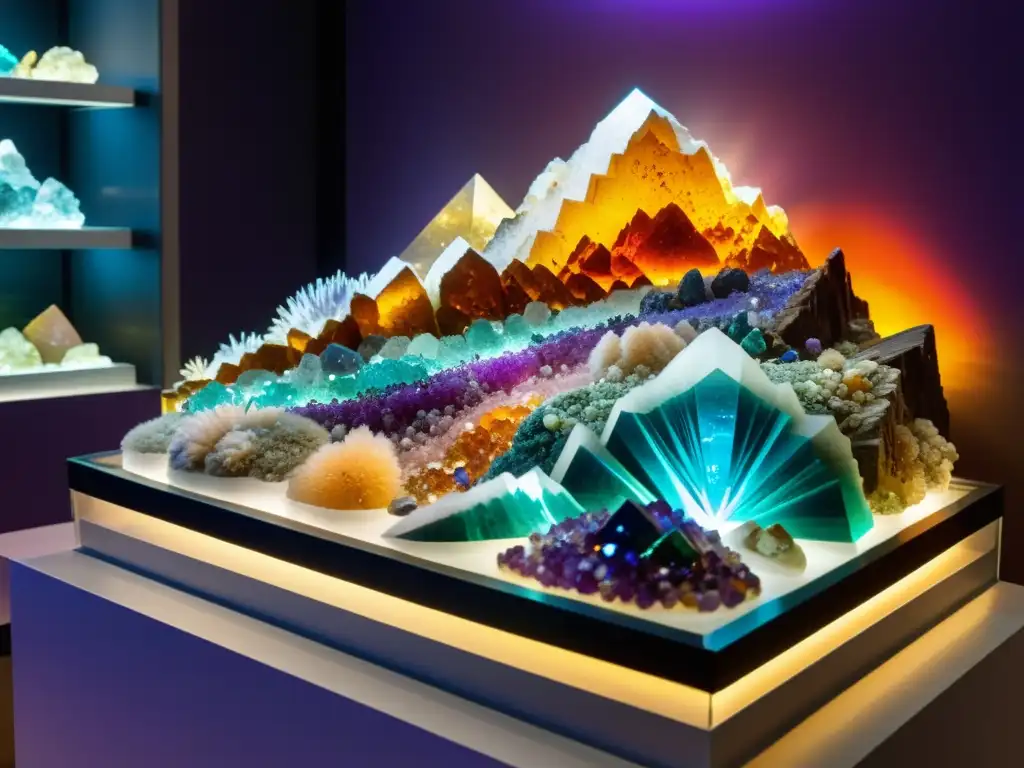 Una exhibición mineral de nivel mundial, con gemas y cristales coloridos y detallados en una vitrina iluminada