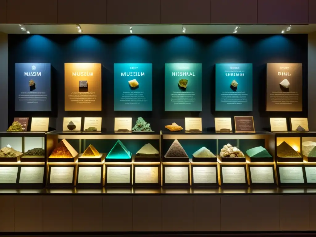 Una exhibición de minerales en contexto histórico iluminada suavemente, resaltando su belleza natural y importancia histórica