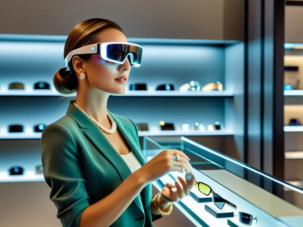 Experiencia futurista en joyería: Realidad aumentada para probar joyería en una tienda moderna y bien iluminada