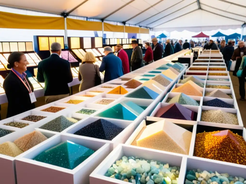 Experiencia vibrante en feria de minerales, con visitantes explorando gemas y minerales