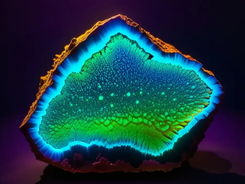 Experiencias únicas minerales fluorescentes: Detalle impresionante de un mineral bajo luz UV, con colores vibrantes y texturas fascinantes