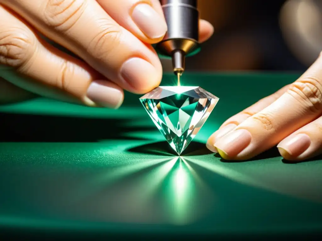 Un experimentado joyero corta meticulosamente un diamante en forma de marquesa, resaltando la artesanía de la joyería fina