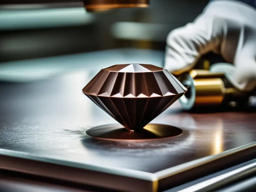 Un experto artesano trabaja meticulosamente en la creación de un diamante chocolate, mostrando cada detalle del proceso