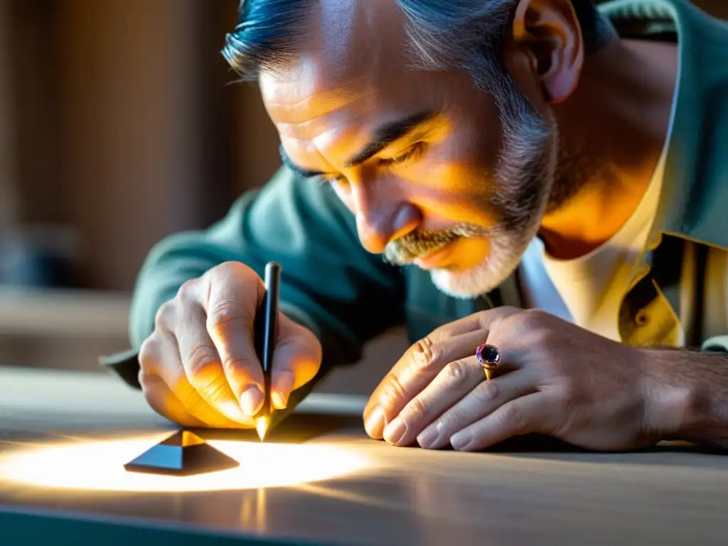 Un experto artesano examina con cuidado una deslumbrante gema bajo la luz natural, con herramientas de precisión en el fondo