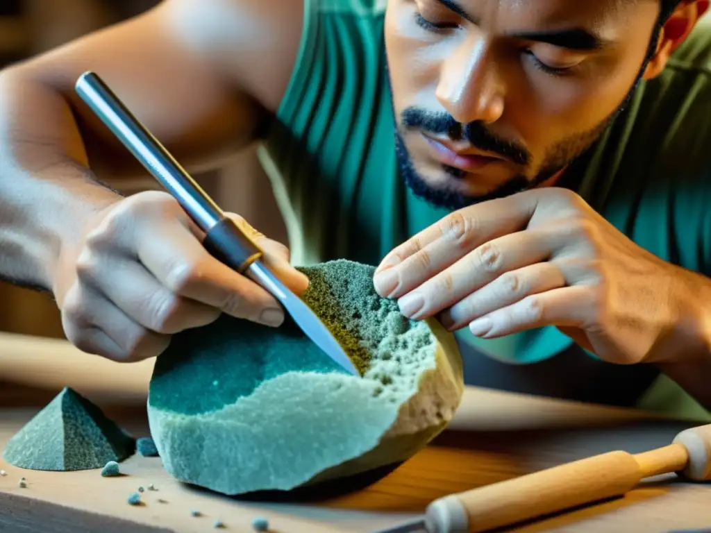 Un experto artesano rehabilita con cuidado un mineral áspero, destacando la precisión y profesionalismo en la rehabilitación de minerales en moda