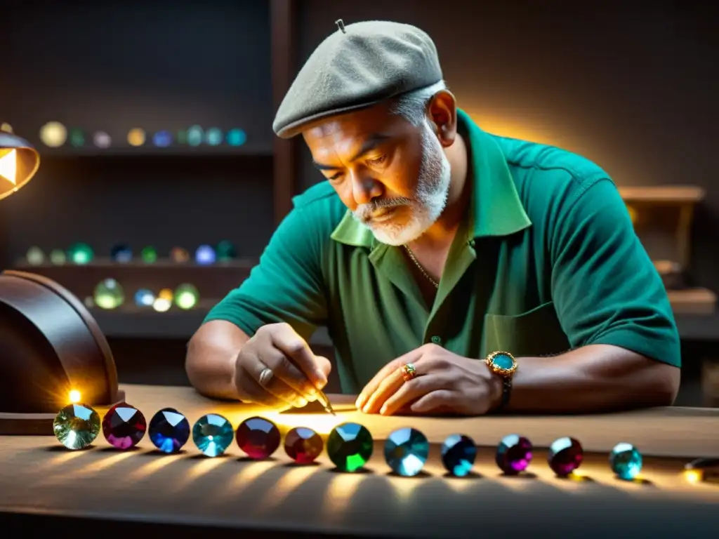 Un experto artesano examina con cuidado las piedras de nacimiento, creando un regalo especial en su taller iluminado con destellos de luz