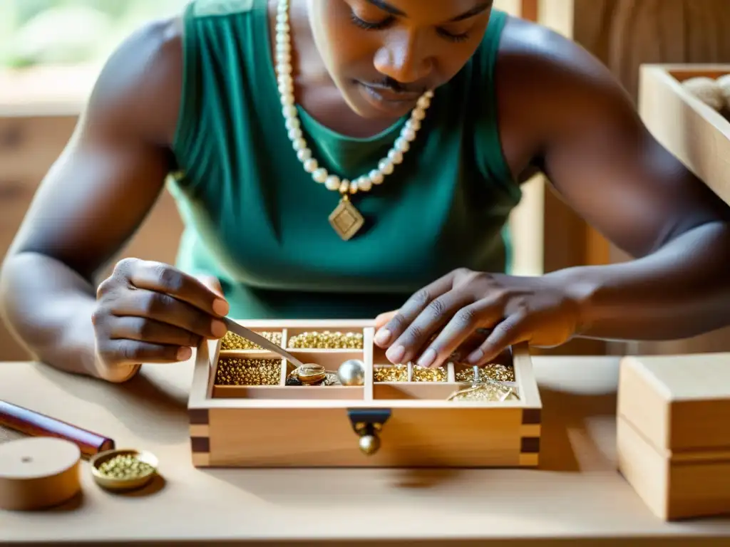 Artesano creando joyero sostenible con precisión El experto artesano crea un delicado empaque de joyería con materiales sostenibles, mostrando atención al detalle y conciencia ambiental