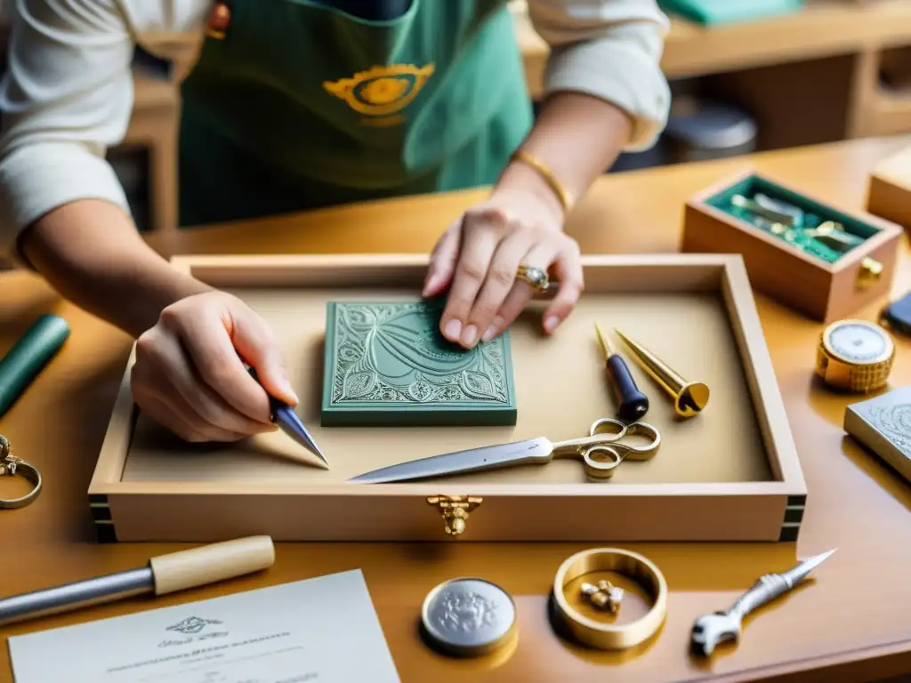 Un experto artesano crea con destreza un estuche para joyas en un taller iluminado y lleno de bocetos