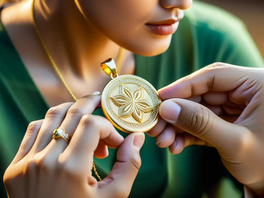 Artesano experto grabando joyería de oro Un experto artesano graba delicadamente diseños en un colgante de oro, con destellos de polvo dorado en el aire