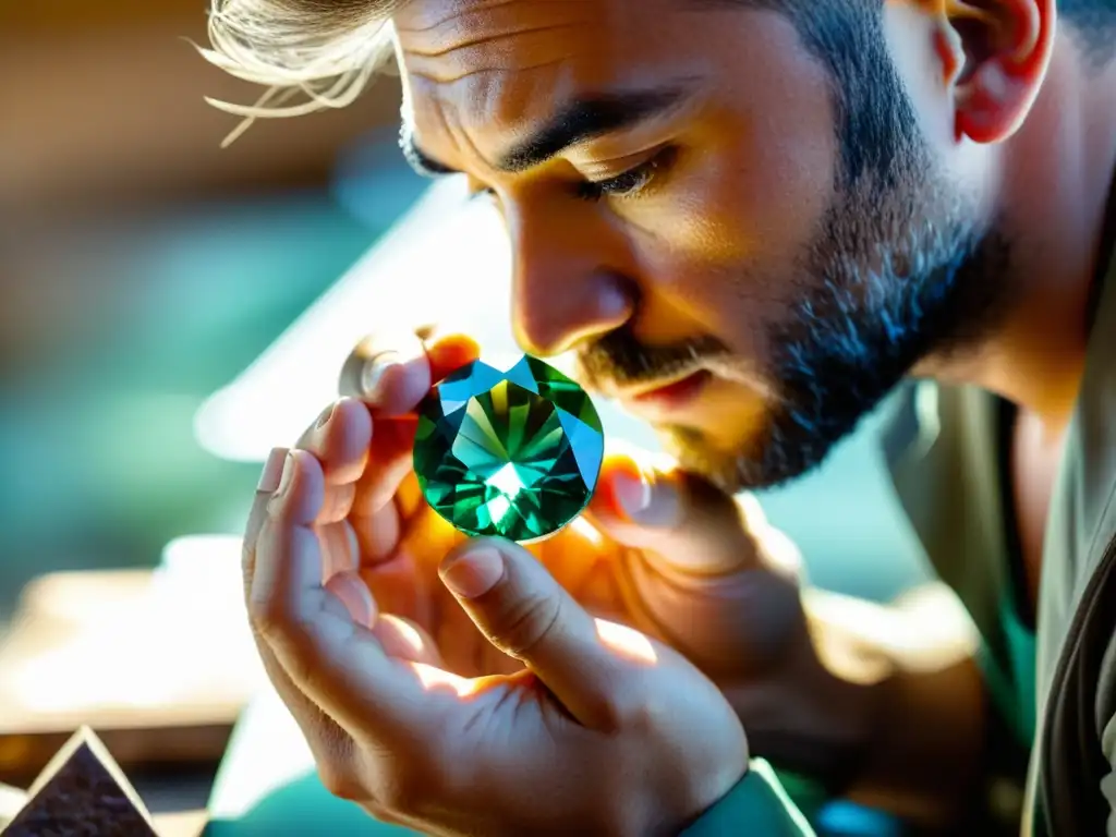 Un experto artesano examina detalladamente una gema cruda bajo luz natural, mostrando dedicación y respeto por la piedra