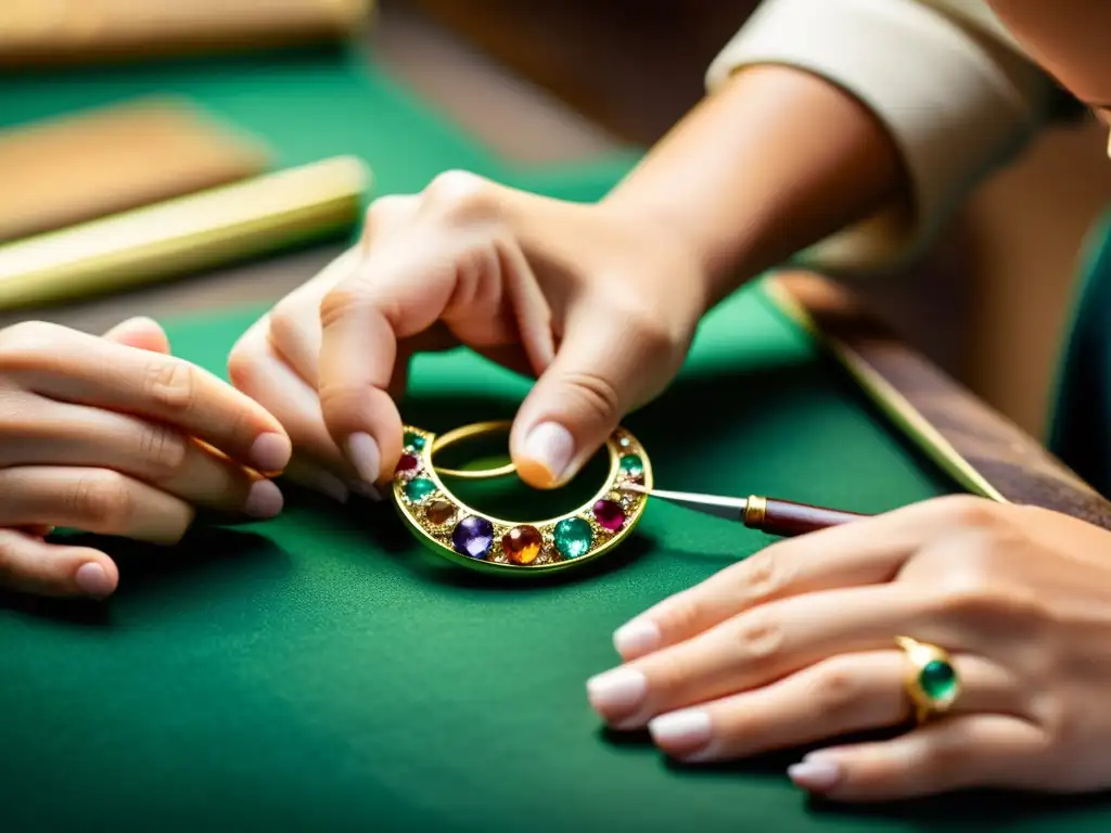 Artesano experto en joyería creando con precisión Un experto artesano crea joyería ética con gemas, reflejando autenticidad y cuidado