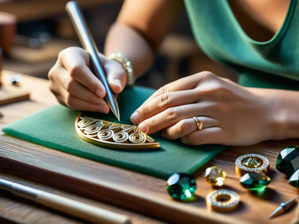 Un experto artesano crea joyas con precisión y delicadeza en su taller, evocando el marketing de guerrilla para joyerías