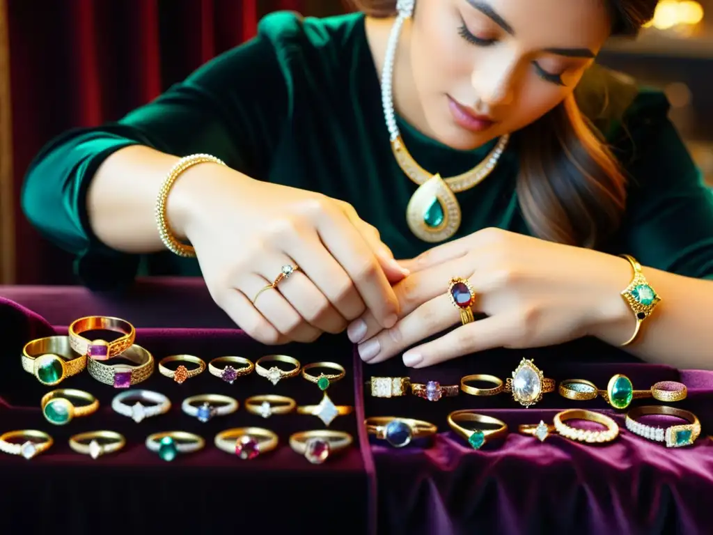 Un experto artesano coloca joyas exquisitamente elaboradas en un elegante display de terciopelo